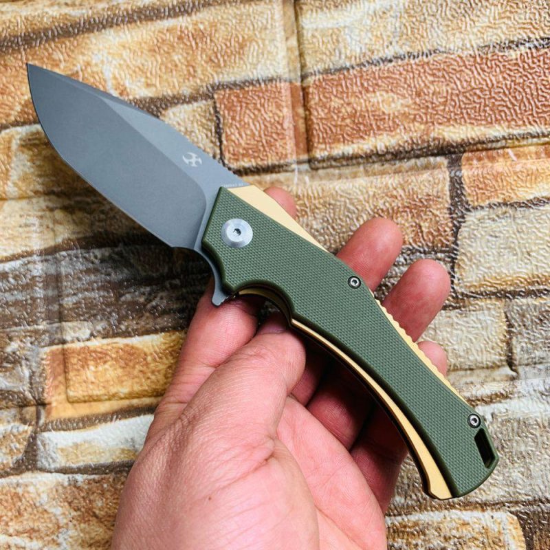 Mini Hellx T2008A2 Gray TiCn Coated D2 Blade Olive Green G10 Handle with Mikkel Willumsen Design | Folding Pocket Knives