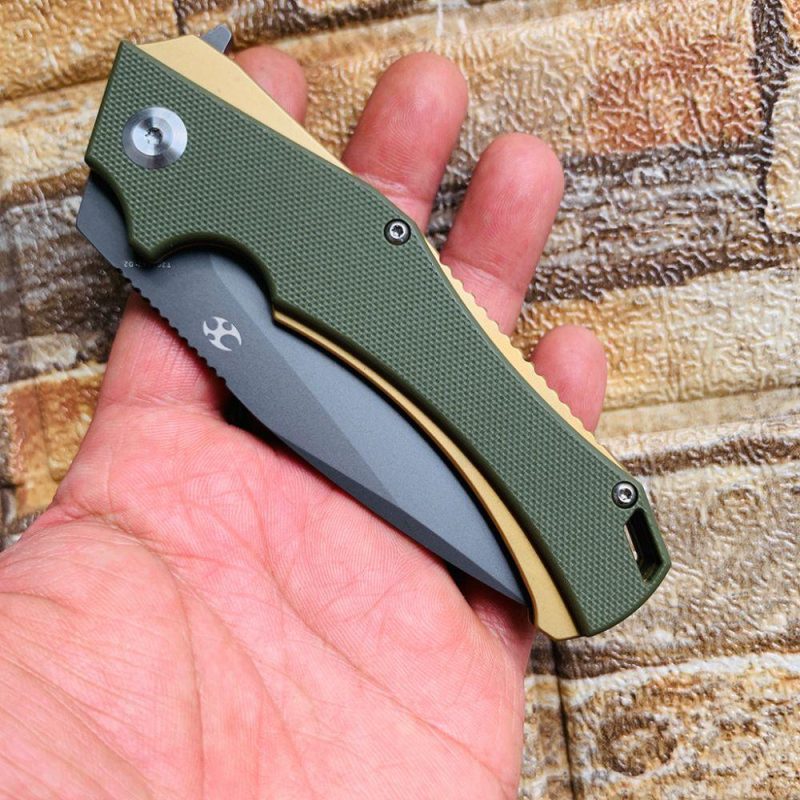 Mini Hellx T2008A2 Gray TiCn Coated D2 Blade Olive Green G10 Handle with Mikkel Willumsen Design | Folding Pocket Knives