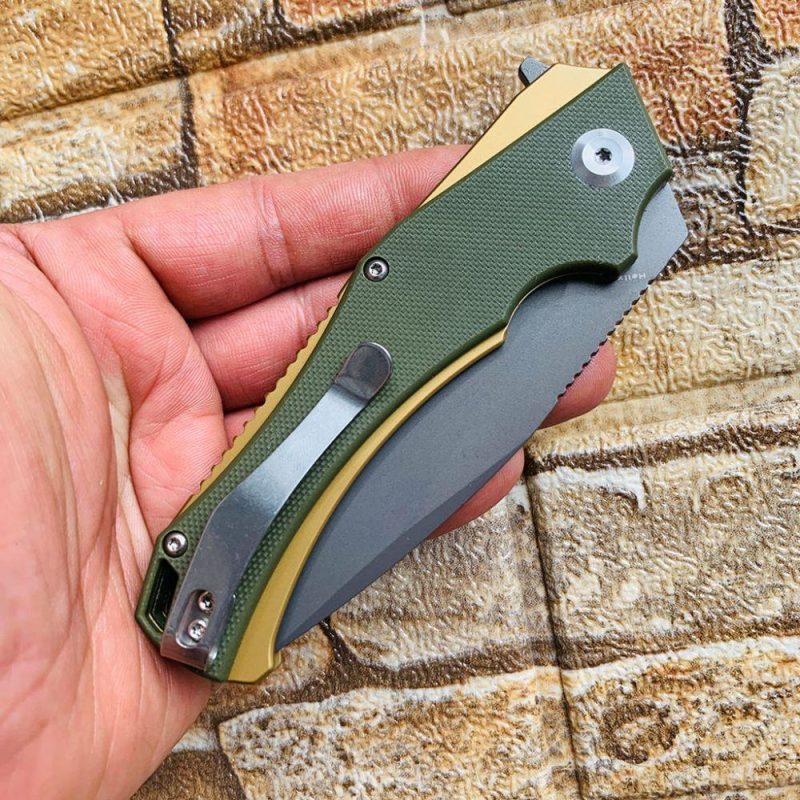 Mini Hellx T2008A2 Gray TiCn Coated D2 Blade Olive Green G10 Handle with Mikkel Willumsen Design | Folding Pocket Knives