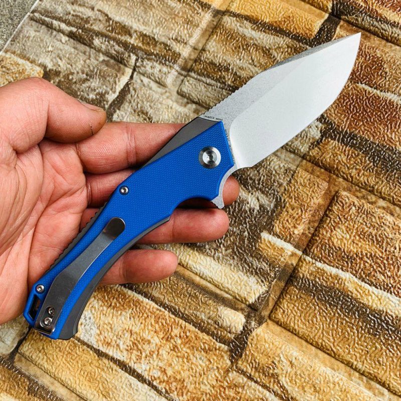 Mini Hellx T2008A3 Stonewashed D2 Blade Blue G10 Handle with Mikkel Willumsen Design | Folding Pocket Knives