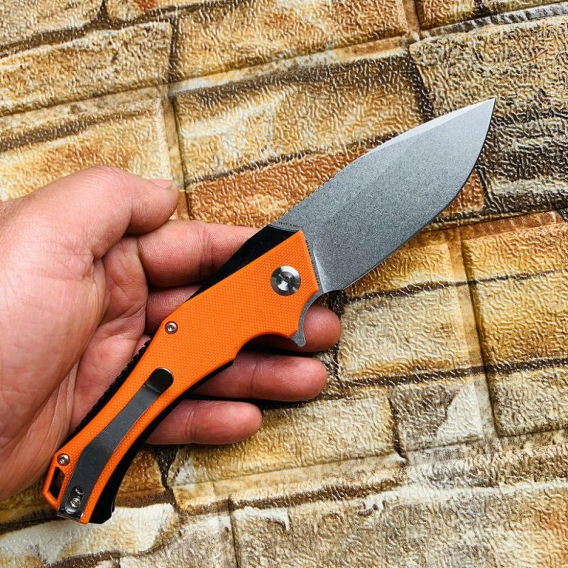 Mini Hellx T2008A5 Stonewashed D2 Blade Orange G10Handle with Mikkel Willumsen Design | Folding Pocket Knives