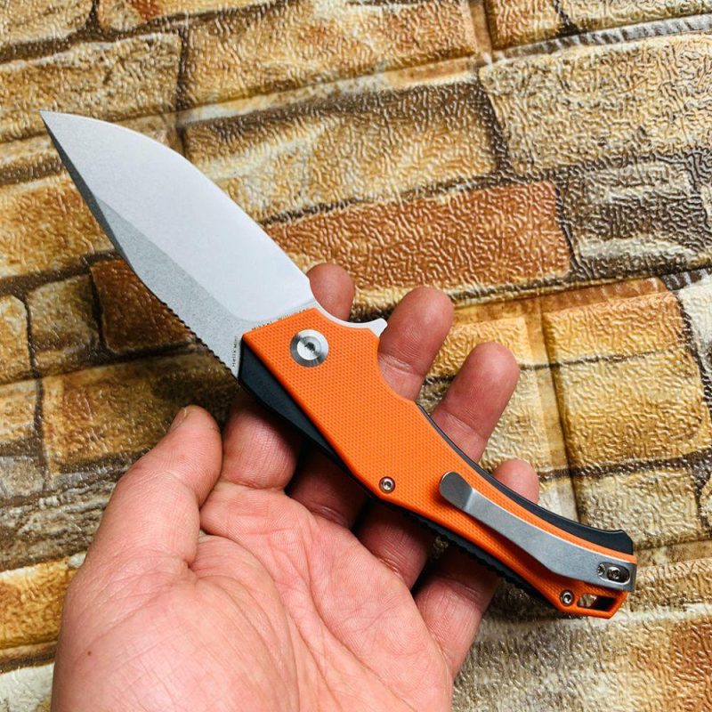 Mini Hellx T2008A5 Stonewashed D2 Blade Orange G10Handle with Mikkel Willumsen Design | Folding Pocket Knives