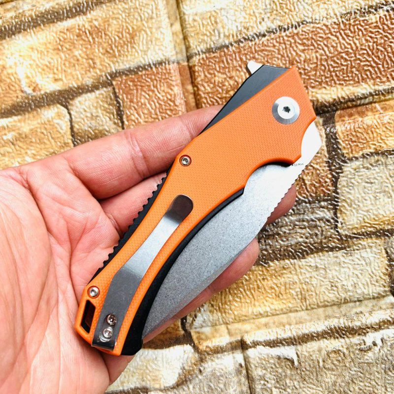 Mini Hellx T2008A5 Stonewashed D2 Blade Orange G10Handle with Mikkel Willumsen Design | Folding Pocket Knives