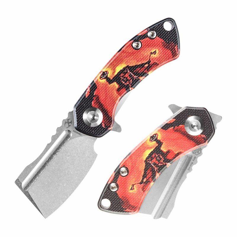 Mini Korvid Flipper Knife G10 with Sleepy Hollow Print Handle (1.45” 154CM Blade) Koch Tools Design -T3030S2 Black And Orange | Folding Pocket Knives