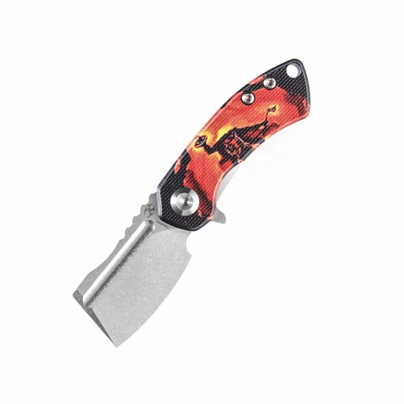 Mini Korvid Flipper Knife G10 with Sleepy Hollow Print Handle (1.45” 154CM Blade) Koch Tools Design -T3030S2 Black And Orange | Folding Pocket Knives