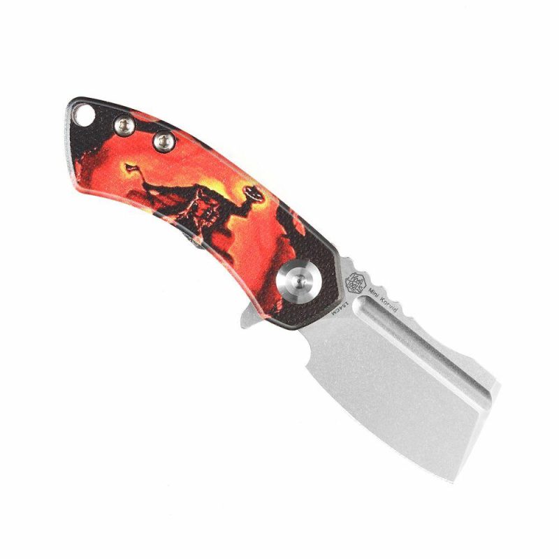 Mini Korvid Flipper Knife G10 with Sleepy Hollow Print Handle (1.45” 154CM Blade) Koch Tools Design -T3030S2 Black And Orange | Folding Pocket Knives