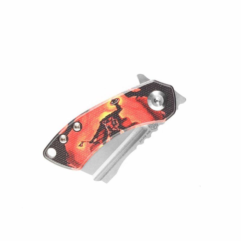 Mini Korvid Flipper Knife G10 with Sleepy Hollow Print Handle (1.45” 154CM Blade) Koch Tools Design -T3030S2 Black And Orange | Folding Pocket Knives