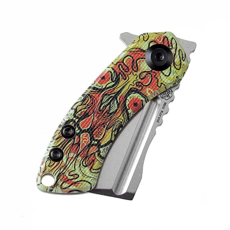 Mini Korvid Flipper Knife G10 with Undead Print-Yellow Handle (1.45” 154CM Blade) Koch Tools Design -T3030B4 Yellow | Folding Pocket Knives