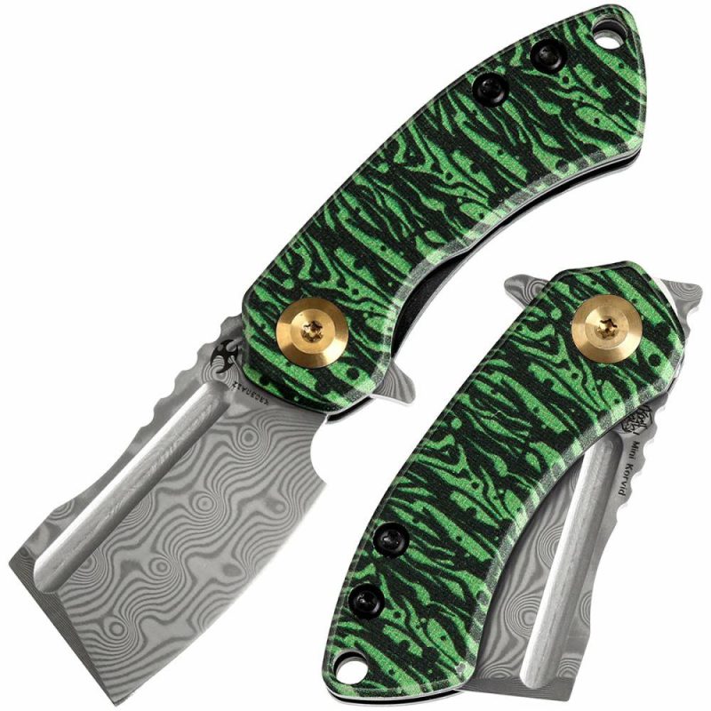 Mini Korvid Flipper Knife Jade G10 with Watermelon Peel Print Handle (1.45” Damascus Blade) Koch Tools Design-K3030A12 Black And Green | Folding Pocket Knives