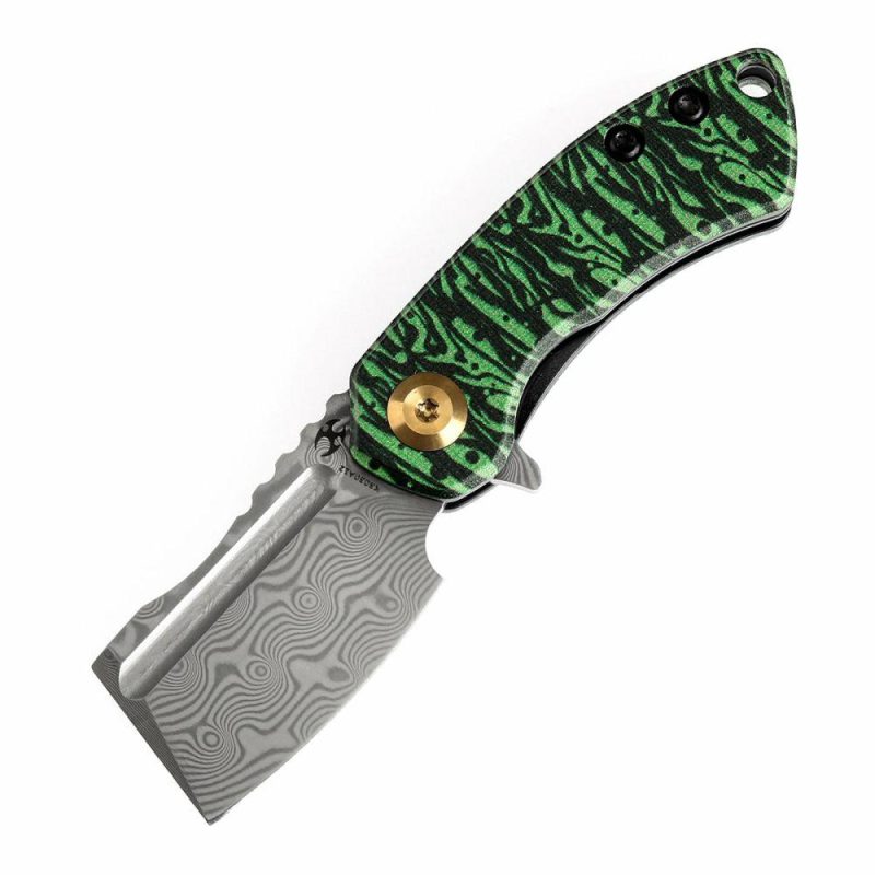 Mini Korvid Flipper Knife Jade G10 with Watermelon Peel Print Handle (1.45” Damascus Blade) Koch Tools Design-K3030A12 Black And Green | Folding Pocket Knives