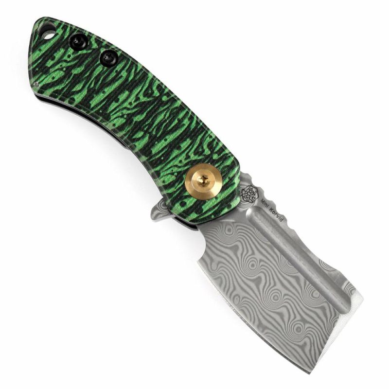 Mini Korvid Flipper Knife Jade G10 with Watermelon Peel Print Handle (1.45” Damascus Blade) Koch Tools Design-K3030A12 Black And Green | Folding Pocket Knives