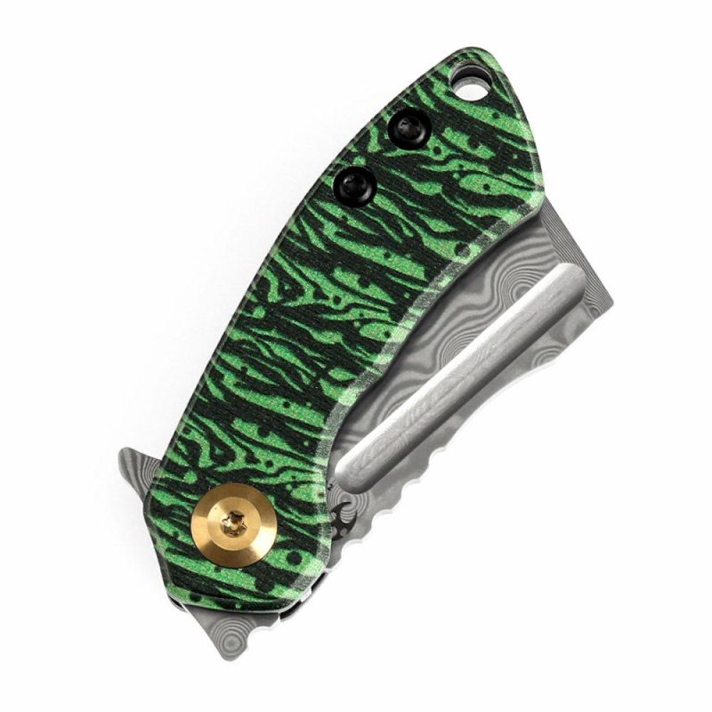 Mini Korvid Flipper Knife Jade G10 with Watermelon Peel Print Handle (1.45” Damascus Blade) Koch Tools Design-K3030A12 Black And Green | Folding Pocket Knives