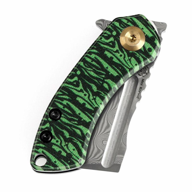 Mini Korvid Flipper Knife Jade G10 with Watermelon Peel Print Handle (1.45” Damascus Blade) Koch Tools Design-K3030A12 Black And Green | Folding Pocket Knives