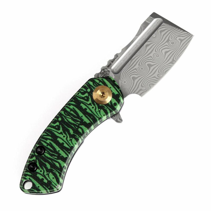 Mini Korvid Flipper Knife Jade G10 with Watermelon Peel Print Handle (1.45” Damascus Blade) Koch Tools Design-K3030A12 Black And Green | Folding Pocket Knives