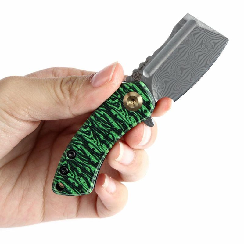 Mini Korvid Flipper Knife Jade G10 with Watermelon Peel Print Handle (1.45” Damascus Blade) Koch Tools Design-K3030A12 Black And Green | Folding Pocket Knives