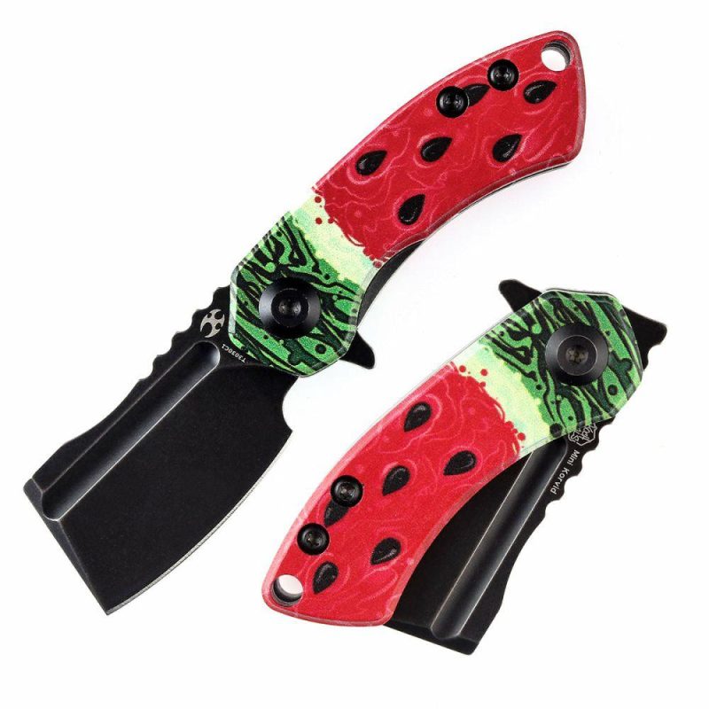 Mini Korvid Flipper Knife Jade G10 with Watermelon Print Handle (1.45” 154CM Blade) Koch Tools Design-T3030C1 Red | Folding Pocket Knives