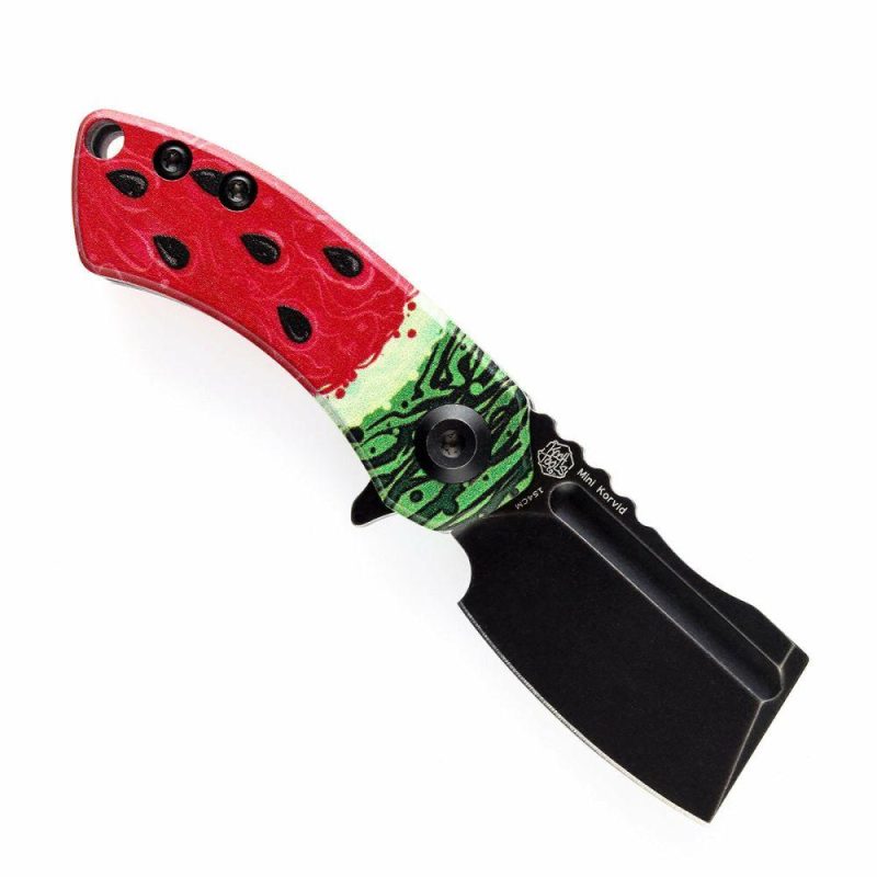 Mini Korvid Flipper Knife Jade G10 with Watermelon Print Handle (1.45” 154CM Blade) Koch Tools Design-T3030C1 Red | Folding Pocket Knives