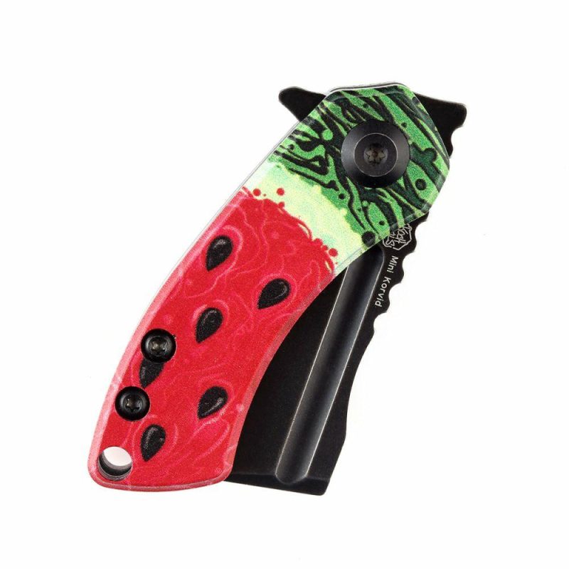 Mini Korvid Flipper Knife Jade G10 with Watermelon Print Handle (1.45” 154CM Blade) Koch Tools Design-T3030C1 Red | Folding Pocket Knives