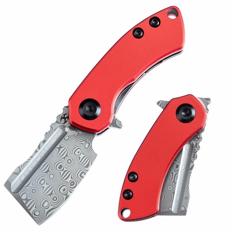 Mini Korvid Flipper Knife Red Anodized Aluminum Handle (1.45” Damascus Blade) Koch Tools Design-T3030P2 Red | Folding Pocket Knives