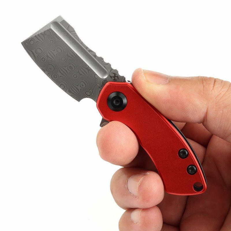 Mini Korvid Flipper Knife Red Anodized Aluminum Handle (1.45” Damascus Blade) Koch Tools Design-T3030P2 Red | Folding Pocket Knives