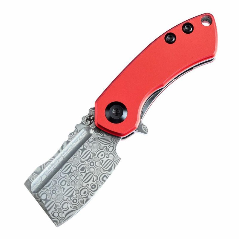 Mini Korvid Flipper Knife Red Anodized Aluminum Handle (1.45” Damascus Blade) Koch Tools Design-T3030P2 Red | Folding Pocket Knives