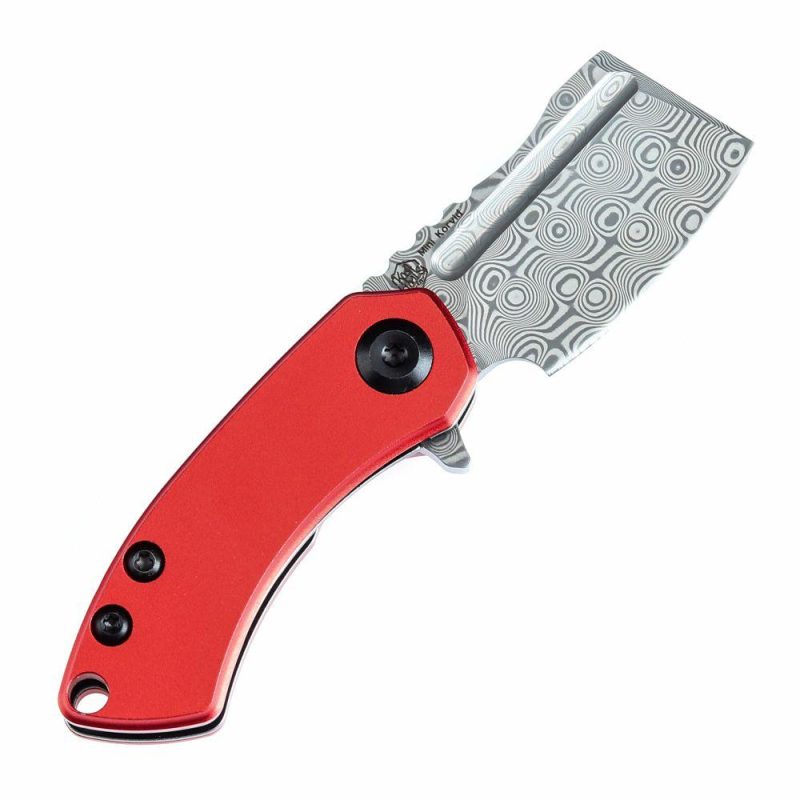 Mini Korvid Flipper Knife Red Anodized Aluminum Handle (1.45” Damascus Blade) Koch Tools Design-T3030P2 Red | Folding Pocket Knives