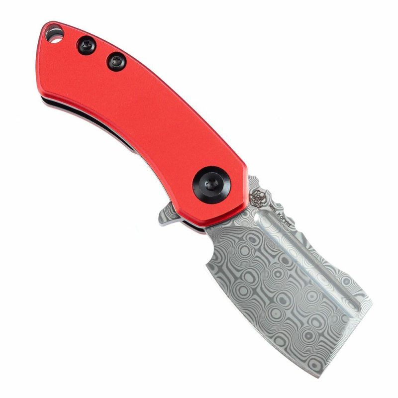 Mini Korvid Flipper Knife Red Anodized Aluminum Handle (1.45” Damascus Blade) Koch Tools Design-T3030P2 Red | Folding Pocket Knives