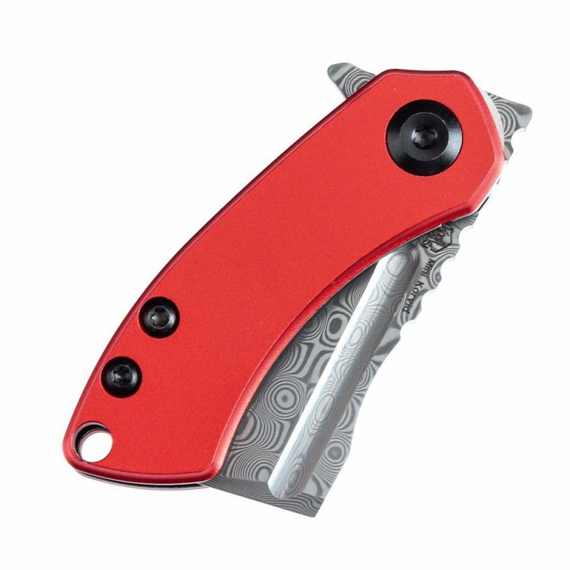 Mini Korvid Flipper Knife Red Anodized Aluminum Handle (1.45” Damascus Blade) Koch Tools Design-T3030P2 Red | Folding Pocket Knives