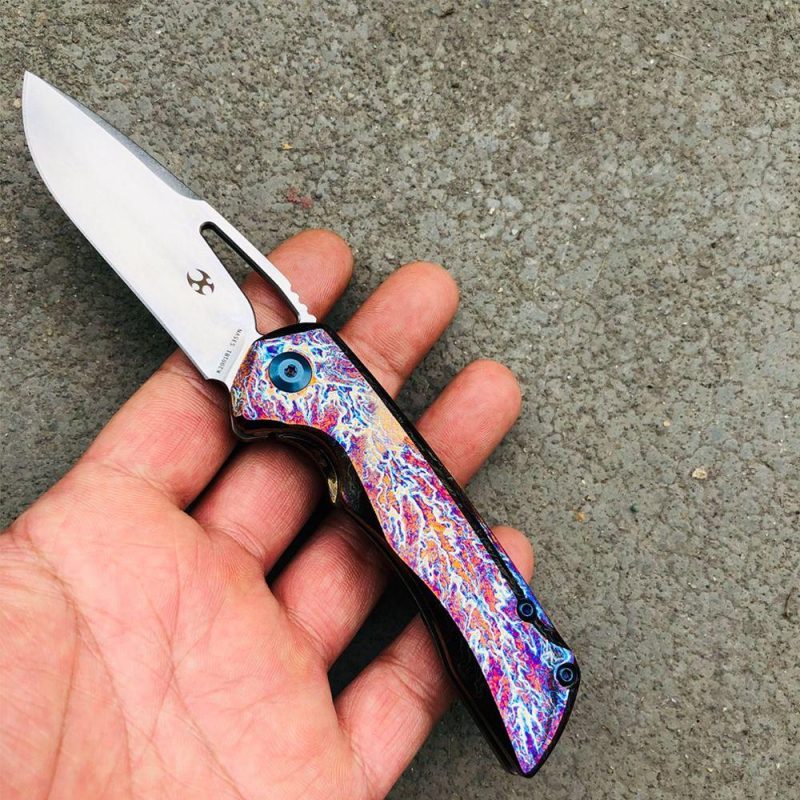 MINI KRYO K2001B10 CPM-S35VN Thumb Hole Blade Lightning Strike Anodized Titanium Handle with Kim Ning Design Gray | Folding Pocket Knives