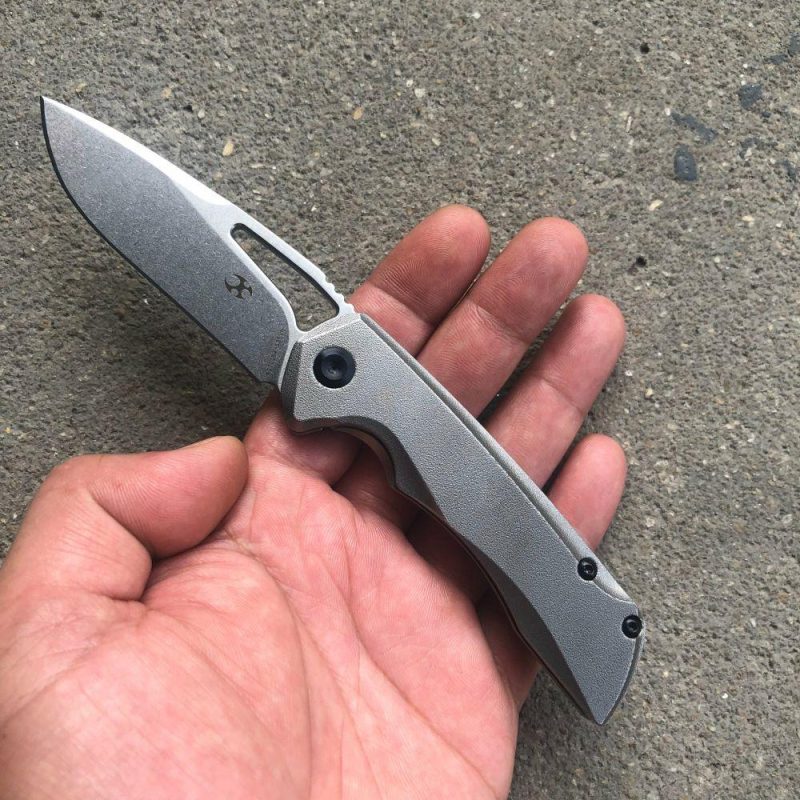 Mini Kryo Thumb Hole Knife Light GreyTitanium Handle (2.90" CPM-S35VN Blade)Kim Ning Design -K2001B4 Gray | Folding Pocket Knives