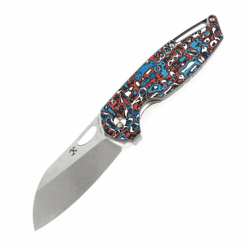 Model 6 Flipper/Thumb Hole Knife Carbon Fiber Handle (3.1” CPM 20CV Blade) -K1022A7 Red Black &White | Folding Pocket Knives