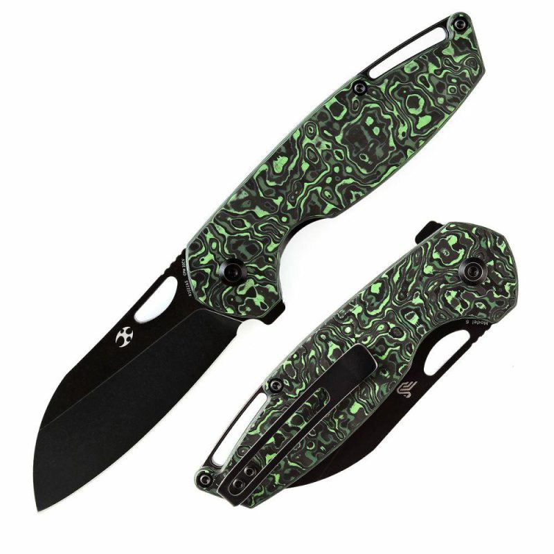 Model 6 Flipper/Thumb Hole Knife Green Carbon Fiber Handle (3.1” CPM 20CV Blade) -K1022A5 Black/Green | Folding Pocket Knives