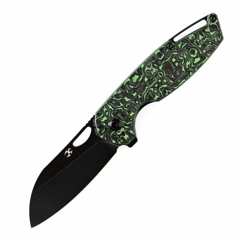 Model 6 Flipper/Thumb Hole Knife Green Carbon Fiber Handle (3.1” CPM 20CV Blade) -K1022A5 Black/Green | Folding Pocket Knives