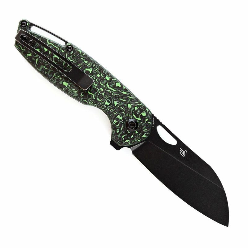 Model 6 Flipper/Thumb Hole Knife Green Carbon Fiber Handle (3.1” CPM 20CV Blade) -K1022A5 Black/Green | Folding Pocket Knives