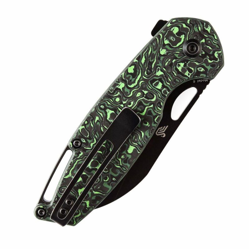 Model 6 Flipper/Thumb Hole Knife Green Carbon Fiber Handle (3.1” CPM 20CV Blade) -K1022A5 Black/Green | Folding Pocket Knives