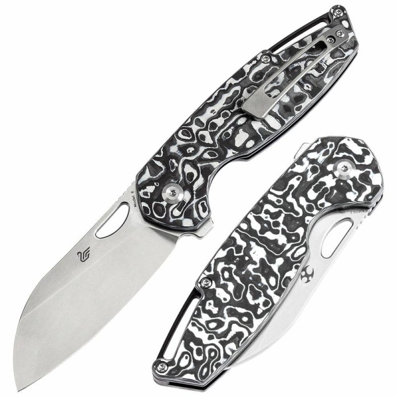 Model 6 Left-handed Flipper/Thumb Hole Knife Black White Carbon Fiber Handle (3.1” CPM 20CV Blade) -K1022L2 Black White | Left Handed