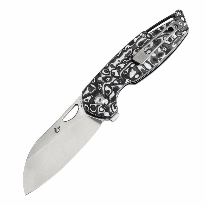 Model 6 Left-handed Flipper/Thumb Hole Knife Black White Carbon Fiber Handle (3.1” CPM 20CV Blade) -K1022L2 Black White | Left Handed