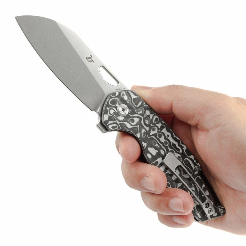 Model 6 Left-handed Flipper/Thumb Hole Knife Black White Carbon Fiber Handle (3.1” CPM 20CV Blade) -K1022L2 Black White | Left Handed