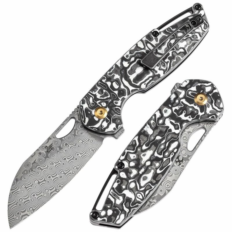 Model 6 Left-handed Flipper/Thumb Hole Knife Black White Carbon Fiber Handle (3.1” Damascus Blade) -K1022L1 Black White | Folding Pocket Knives