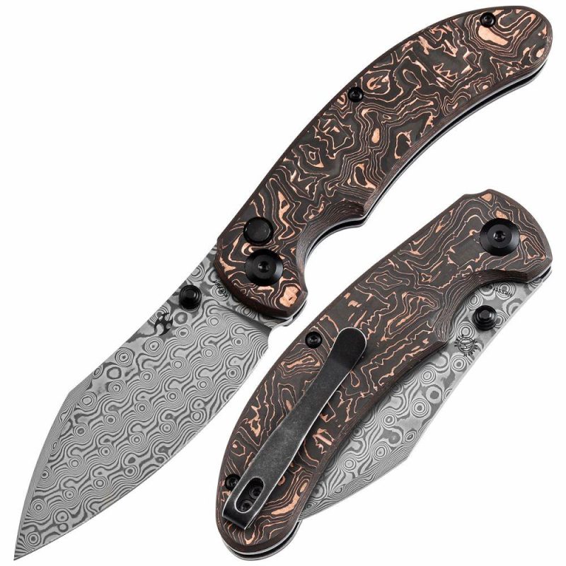 Nesstreet Button Lock Copper Carbon Fiber Handle(3.58" Damascus Blade) with Karambit Maker design-K1039F7 | Folding Pocket Knives