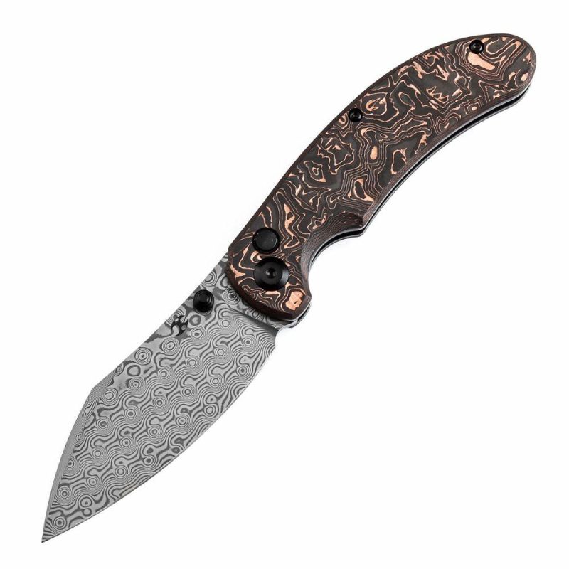 Nesstreet Button Lock Copper Carbon Fiber Handle(3.58" Damascus Blade) with Karambit Maker design-K1039F7 | Folding Pocket Knives