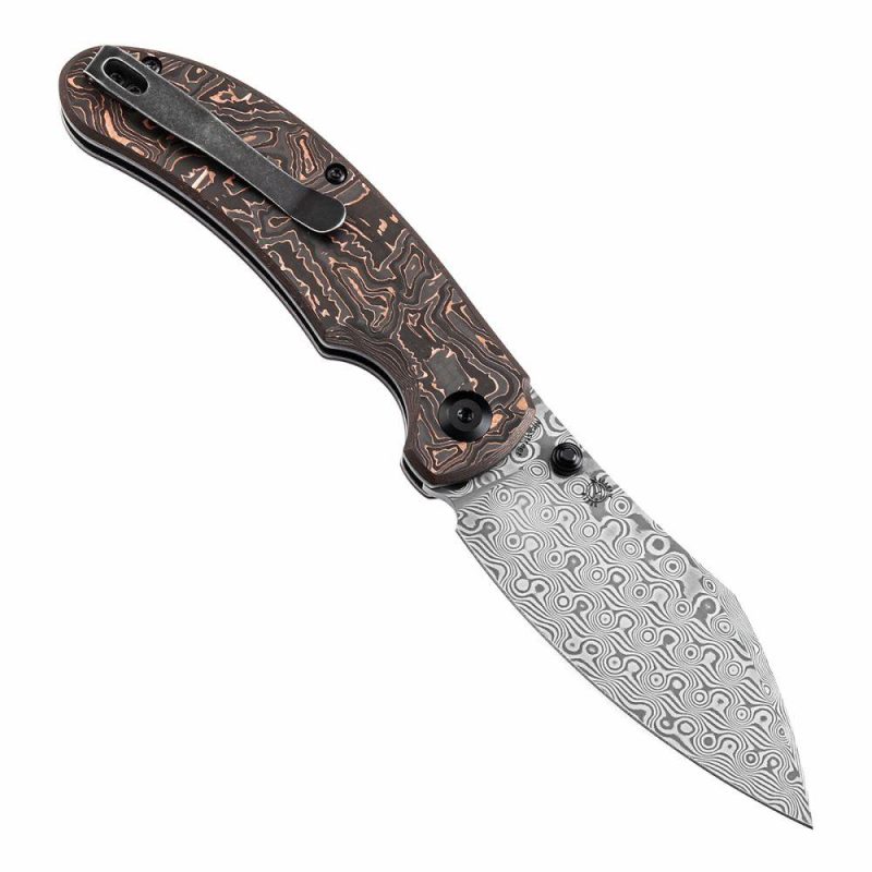 Nesstreet Button Lock Copper Carbon Fiber Handle(3.58" Damascus Blade) with Karambit Maker design-K1039F7 | Folding Pocket Knives