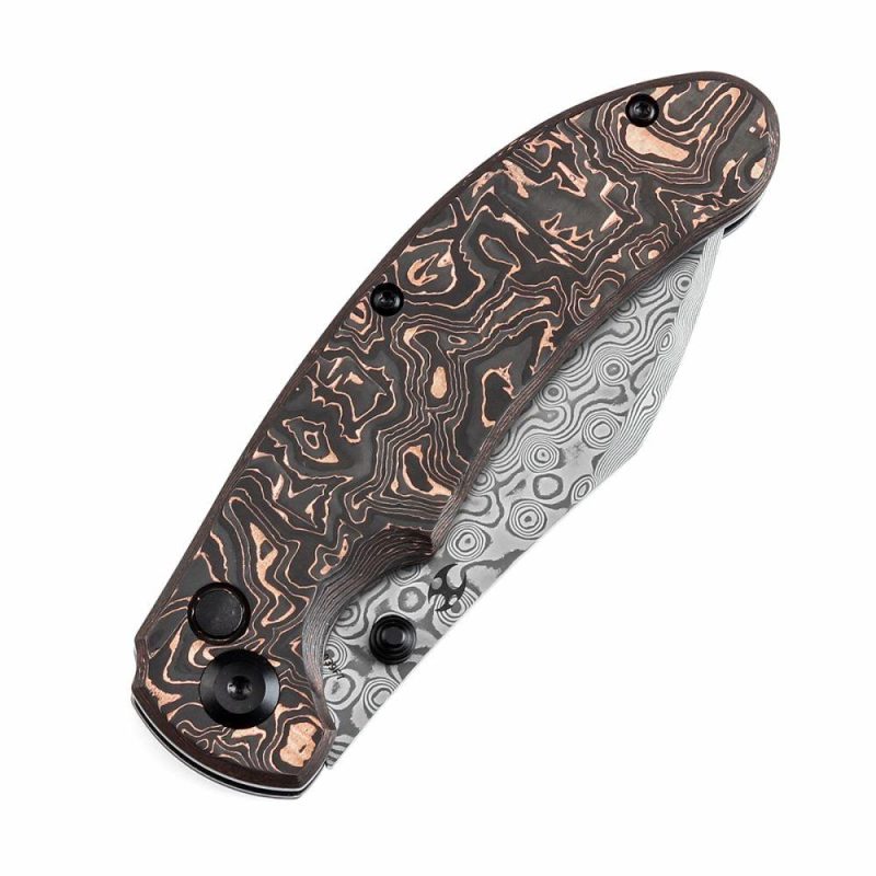 Nesstreet Button Lock Copper Carbon Fiber Handle(3.58" Damascus Blade) with Karambit Maker design-K1039F7 | Folding Pocket Knives