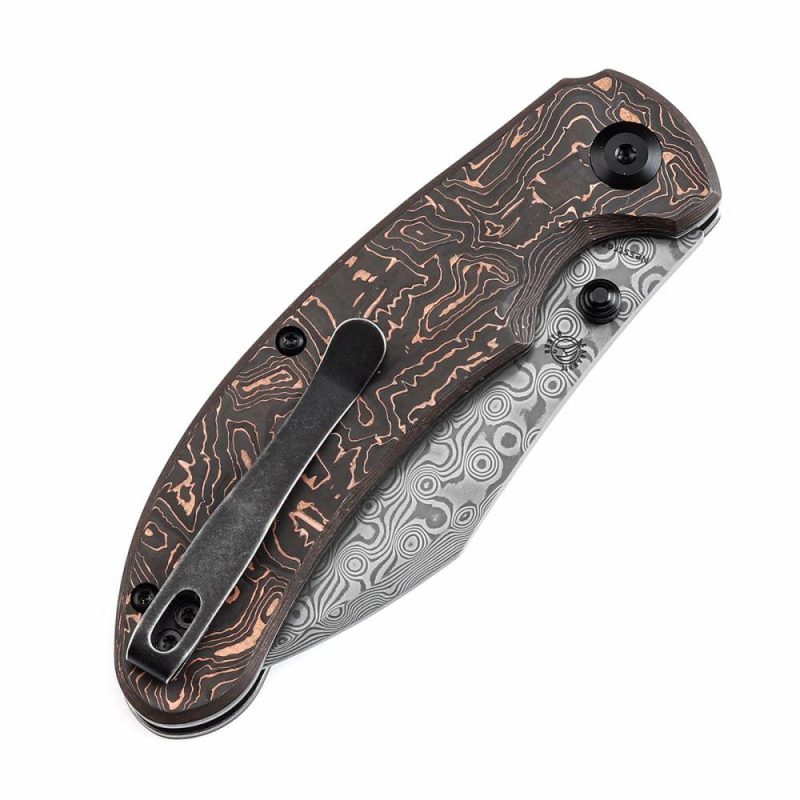 Nesstreet Button Lock Copper Carbon Fiber Handle(3.58" Damascus Blade) with Karambit Maker design-K1039F7 | Folding Pocket Knives