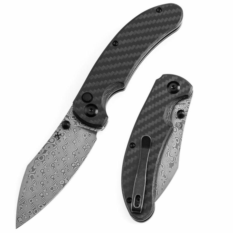 Nesstreet Button Lock Twill Carbon Fiber Handle(3.58" Damascus Blade) with Karambit Maker design-K1039F6 | Folding Pocket Knives