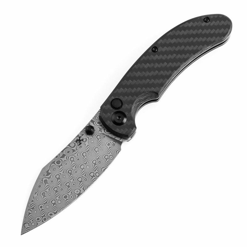 Nesstreet Button Lock Twill Carbon Fiber Handle(3.58" Damascus Blade) with Karambit Maker design-K1039F6 | Folding Pocket Knives