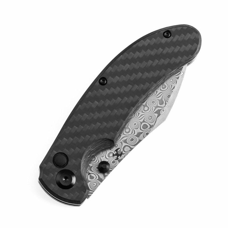 Nesstreet Button Lock Twill Carbon Fiber Handle(3.58" Damascus Blade) with Karambit Maker design-K1039F6 | Folding Pocket Knives