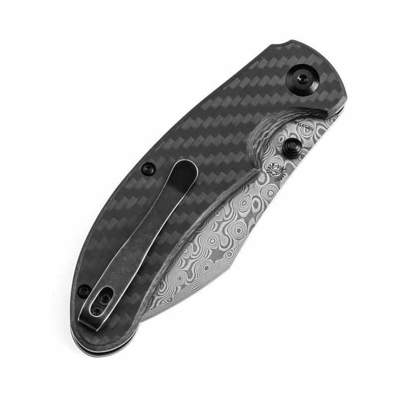 Nesstreet Button Lock Twill Carbon Fiber Handle(3.58" Damascus Blade) with Karambit Maker design-K1039F6 | Folding Pocket Knives