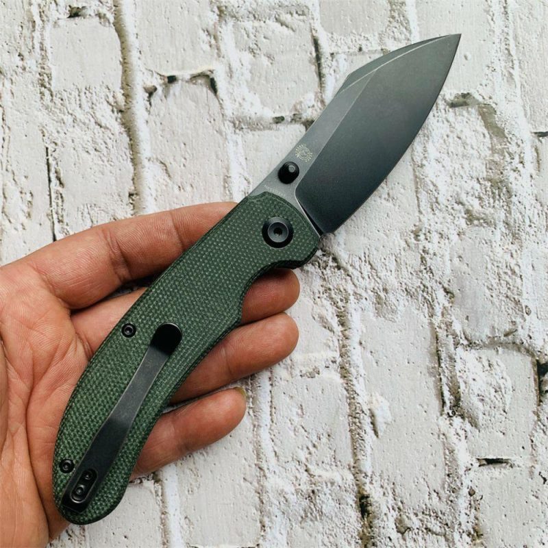 Nesstreet K1039A3 Black Stonewashed CPM-S35Vn Blade Green Micarta Handle with Karambit Maker design | Folding Pocket Knives