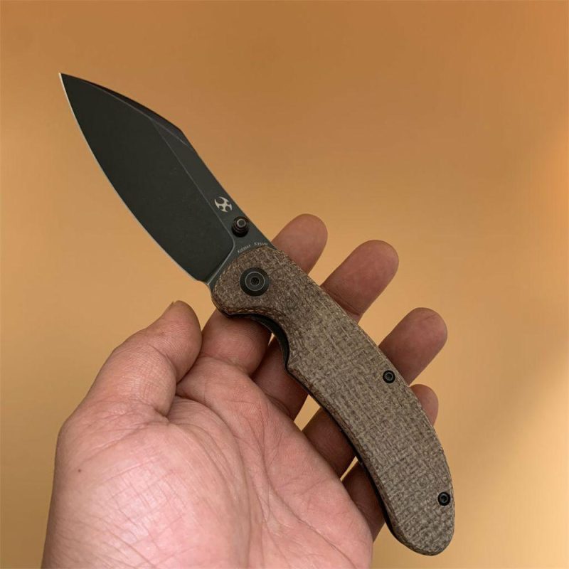 Nesstreet K1039A4 Black Stonewashed CPM-S35VN Blade Brown Canvas Micarta Handle with Karambit Maker design | Folding Pocket Knives